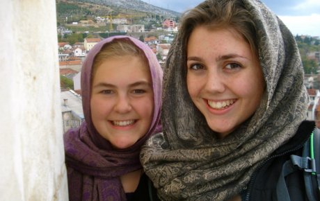 Katie W. (left) atop a mosque in Mostar