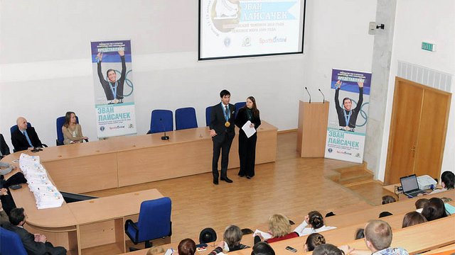 Evan Lysacek speaks to university students on sportsmanship and the value of sports in society.