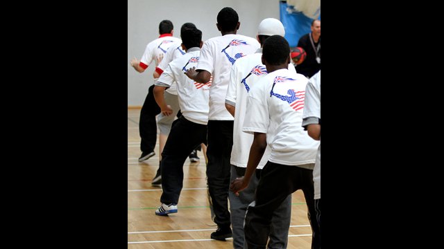 The London clinic participants line-up for a drill.