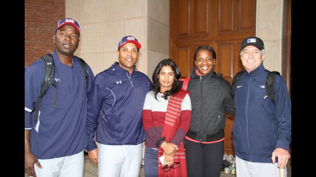 The Sports Envoys pose with a new friend in India.