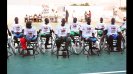 The South Sudanese wheelchair basketball team poses for a photo.
