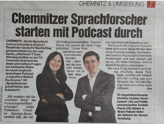 Dominic was featured in a Chemnitz Newspaper for launching the podcast, "Linguistics Behind the Scenes" with his German university professor.
