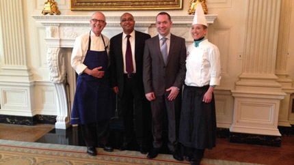 Chef Bill Yosses (Executive Pastry Chef, White House), Egyptian IVLP participants Ashraf Gamal and Hamdy Metwally, Chef Susan E. Morrison (Assistant Pastry Chef, White House) in the White House Dining Room