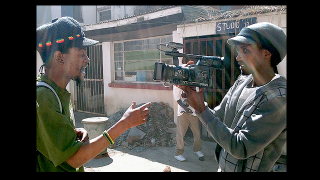 Workshop participants in Bulawayo, Zimbabwe, shoot a film about their music.