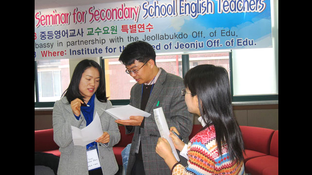 Secondary school teachers interact during an English Language Teaching workshop in Korea.