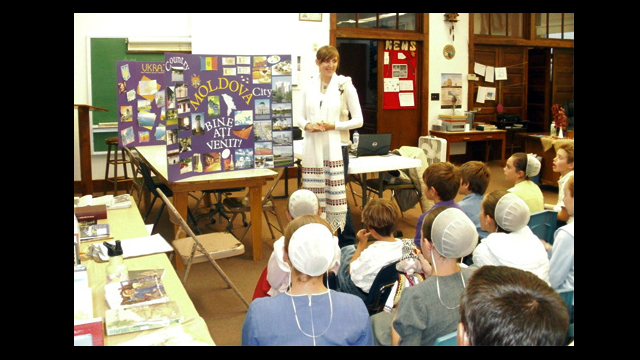 Xenia gives a presentation to an Amish-Mennonite School.