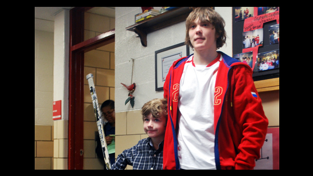 Russian visitor Vadim poses with Theo from Abingdon Elementary School in Arlington, VA.