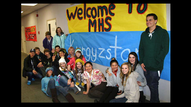 The group from Kyrgyzstan poses with their new American friends at Mammoth High School.