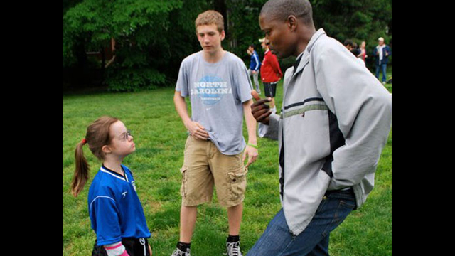 Swaziland Soccer Coach working with a TopSoccer Athlete in Arlington, VA.