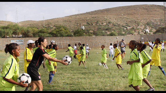 Ethiopian girls enjoy a ball handling drill with Kate Markgraf.