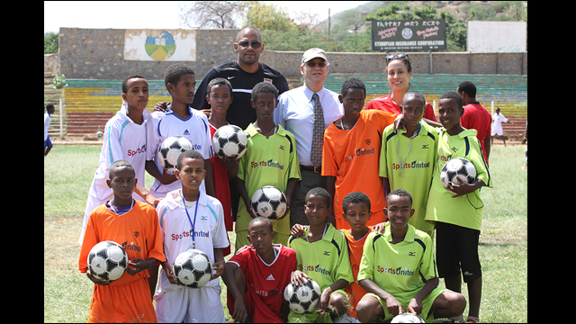 The Ethiopian male soccer players pose for a photo after a practice.