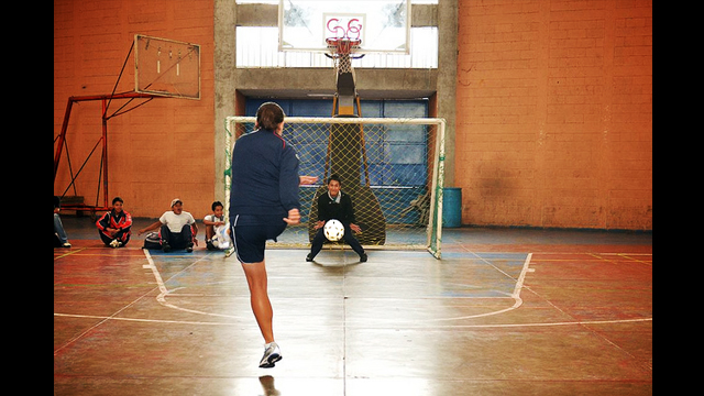 U.S. Women&#039;s National Team player Shannon MacMillan takes a shot on goal in Solala, Guatemala.