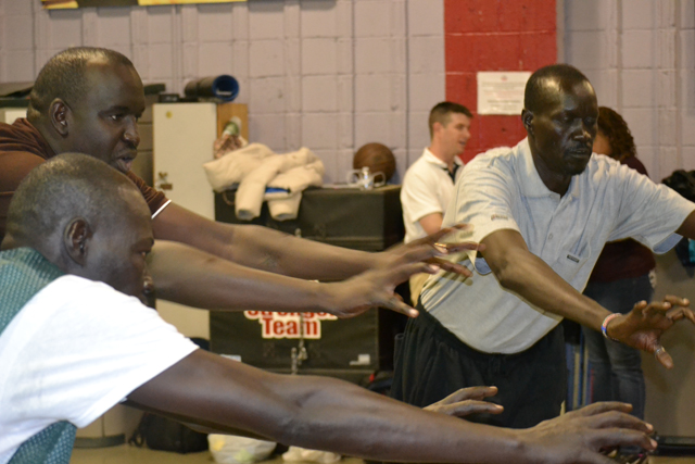 The group from South Sudan participates in a teambuilding and strength conditioning session.