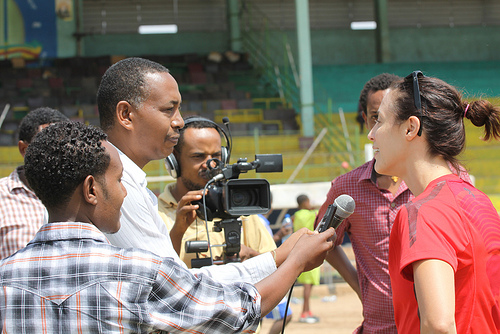 The soccer envoys hold an interview on their exchange in Ethiopia.