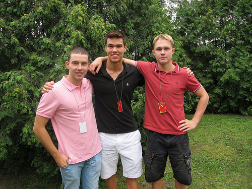 Russian and American swimmers pose for a photo during an event at the American Embassy in Moscow, Russia.
