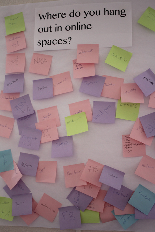 Sticky-note collage showing online sites and spaces where workshop participants hang out.