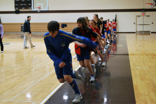 The Russian visitors participate in an off-ice workout.