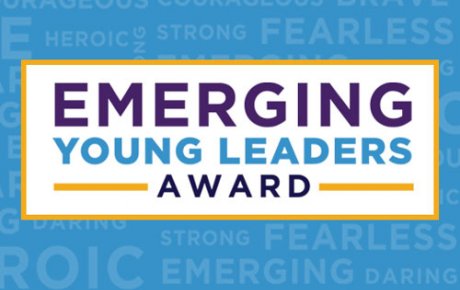 Blue background with text that reads: Emerging Young Leaders Award