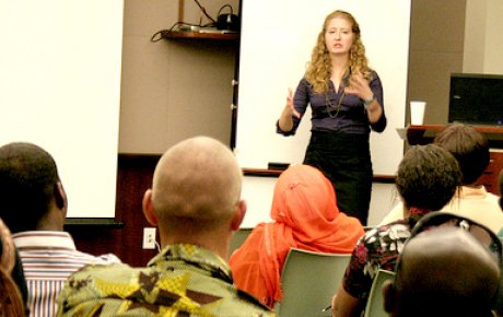 American Fulbrighter Adrienne Strong, during her Fulbright Reflection Series Presentation "Through the Voice of Women: Birth Culture and Maternal Health Care in Singida region," July 21, 2011, U.S. Embassy Dar es Salaam, Tanzania.