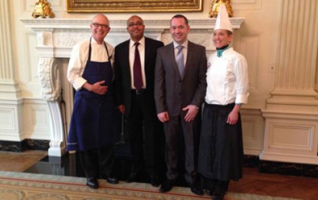 Chef Bill Yosses (Executive Pastry Chef, White House), Egyptian IVLP participants Ashraf Gamal and Hamdy Metwally, Chef Susan E. Morrison (Assistant Pastry Chef, White House) in the White House Dining Room