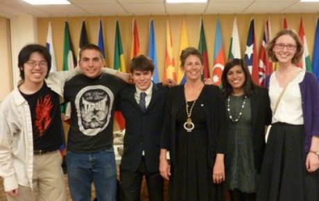 NSLI-Y alumni pose with Foreign Service Officer Bridget Gersten at a diplomatic reception for International Visitors in Boston. Pictured (L to R): Benjamin Chen, Raymond Fasano, Ryan Youkilis, Bridget Gersten (FSO), Jenna Bhaloo, and Sophie Klimasmith