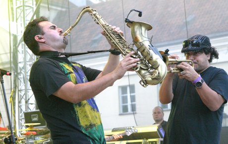 Ozomatli musicians perform in Warsaw, Poland.