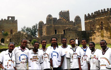 Members of the Ethiopian Tourist Association who worked with an English Language Fellow to create a national promotional brochure, visit the Fasilides Castle in the historic city of Gondar.