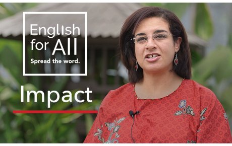 Woman speaking to camera with title graphic that reads: English for All - Impact of a fellow