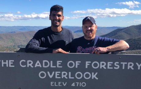 Ouail with host dad hiking at cradle of forest overlook