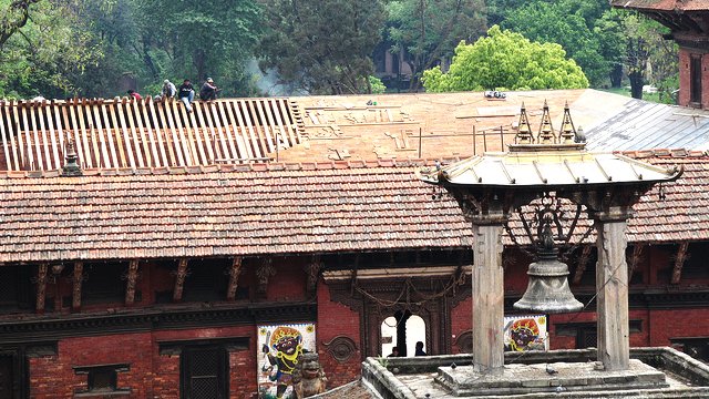 Patan Royal Palace, Lalitpur, Nepal: The restoration of the roof is in full swing in April 2011 at the Patan Royal Palace.