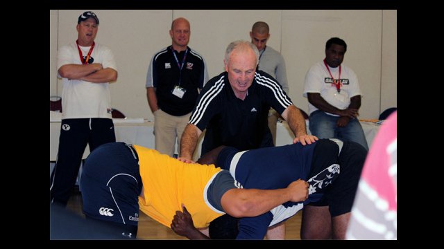 Dave Perrin of New Zealand Rugby Union teaches a proper scrum.