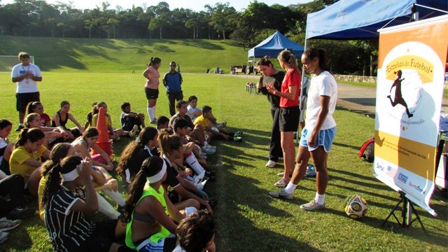 At a “Soccer Stars” presentation, Brandi Chastain and Brazilian Women’s National Team member Rosana dos Santos Augusto speak about the health and academic benefits of sports.