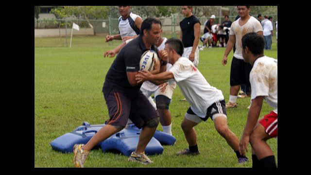 Darryl Suasua of New Zealand Rugby Union leads a rugby clinic in Hawaii.