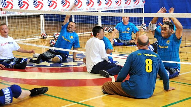 Kazakhstan sitting volleyball athletes go through their first training session with the U.S. Women&#039;s national team coach Bill Hamiter.