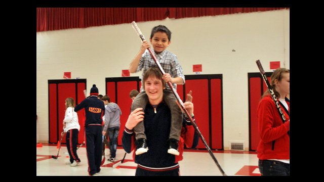 Russian visitor Oleg poses with his partner from Abingdon Elementary School in Arlington, VA.