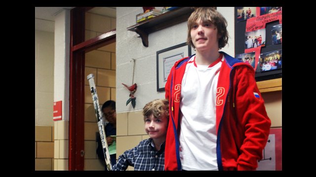 Russian visitor Vadim poses with Theo from Abingdon Elementary School in Arlington, VA.
