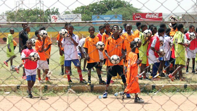 Ethiopian soccer clinic participants wait to start a day of sports and teambuilding talks in Dire Dawa, Ethiopia.