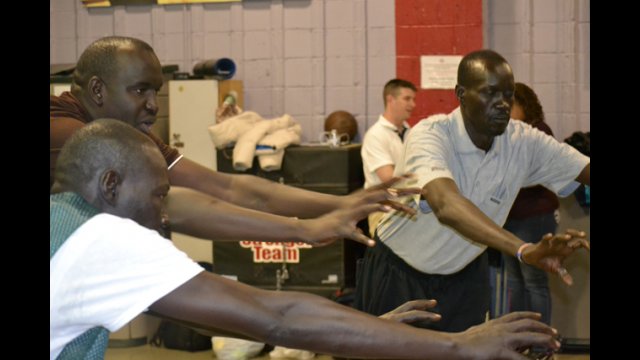 The group from South Sudan participates in a teambuilding and strength conditioning session.