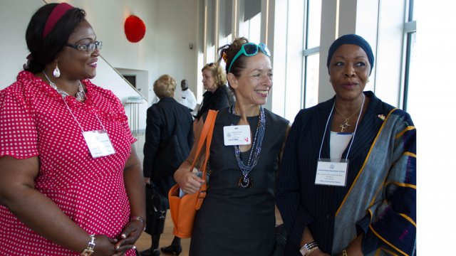 Nadine Cino, CEO and co-Inventor of Tyga-Box Systems, Inc., meets AWEP 2014 participants from Cote d&#039;Ivoire and Cameroon in NYC.