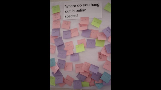 Sticky-note collage showing online sites and spaces where workshop participants hang out.