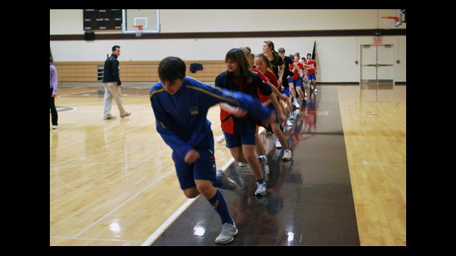 The Russian visitors participate in an off-ice workout.