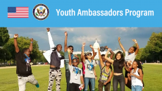 Group of teens happy jumping up around wiht the words Youth Ambassador Program at the top